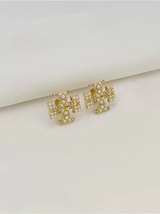 Tory Burch Gold Logo Stud Earrings with Pearls - Picture 4 of 4